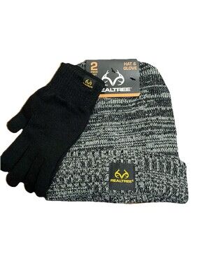 New Realtree Knit Beanie Hat & Gloves Set One Size Gray & Black